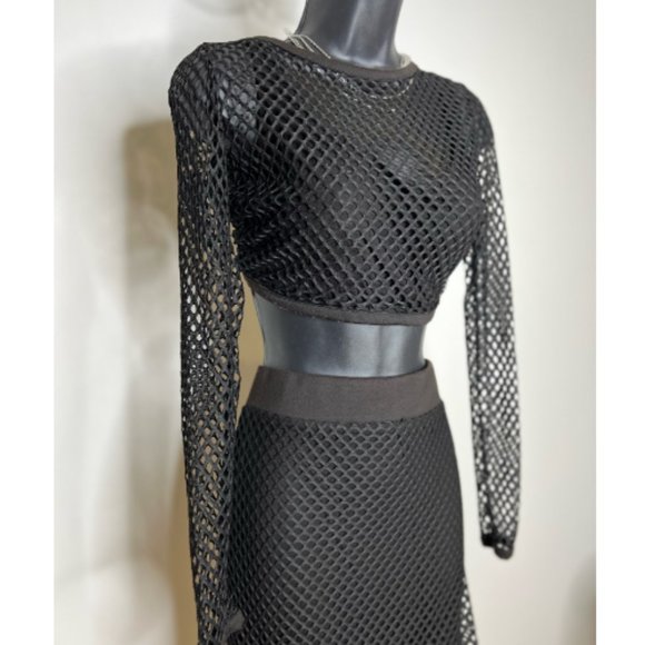 Kardashian Collection Womens Long Sleeve Mesh Crop Top & Skirt Set Size M Black - Picture 2 of 5